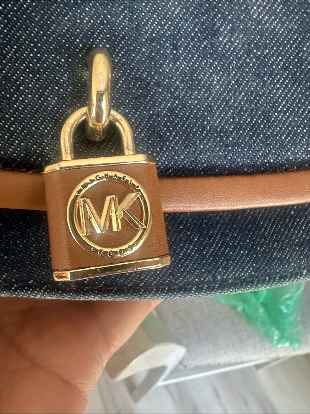 Michael Kors Navy Denim and Brown Leather-Trim Crossbody with Gold Chain - Picture 15 of 16